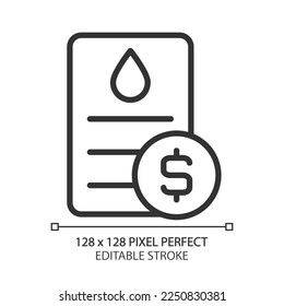 Water bill pixel perfect linear icon. Public utility service payment. Debt for utilities usage. Invoice information. Thin line illustration. Contour symbol. Vector outline drawing. Editable stroke