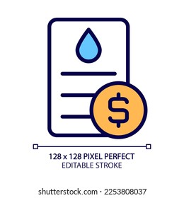 Water bill pixel perfect RGB color icon. Public utility service payment. Debt for utilities usage. Invoice information. Isolated vector illustration. Simple filled line drawing. Editable stroke