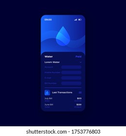 Water bills smartphone interface vector template. Mobile app page blue design layout. Money online management screen. Flat UI for application. Credit card notifications. Phone display