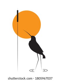 Water bird silhouette and bamboo on sunset, vector. Minimalist art design. Poster design, minimalism. Wall decals, wall art, artwork