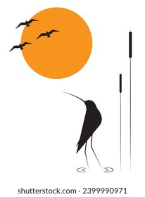 Water bird silhouette and bamboo on sunset, vector. Minimalist art design. Poster design, minimalism. Wall decals, wall art, artwork