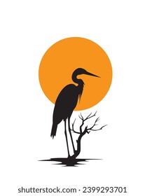 Water bird silhouette on branch on sunset, vector. Minimalist art design, illustration. Poster design, minimalism. Wall decals, wall art, artwork