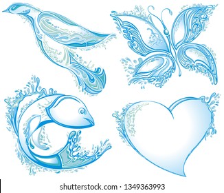 Water bird,butterfly,fish,heart.Water  splash 