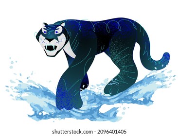 The water black tiger is the symbol of 2022, according to the Chinese calendar. New Year. Panthera tigris. Aquatic tiger, black tiger. Neon fluorescent colors: blue and cyan. For web, postcard, poster