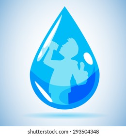water blob icon with drinking man inside, drink more water concept. healthy - vector illustration