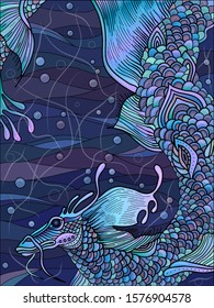 Water blue dragon. Graphic, color sketch of a dragon symbolizing the element of water.