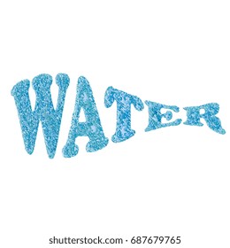 Water, blue text, on a white