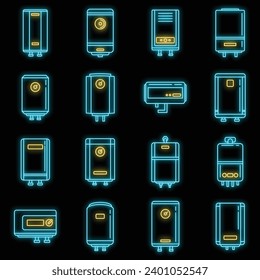 Water boiler icons set. Outline set of water boiler vector icons neon color on black