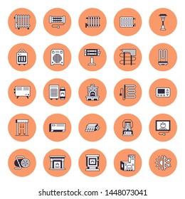 Water boiler, thermostat, electric gas solar heaters and other house heating appliances line icons. Thin linear pictogram. Equipment store signs.