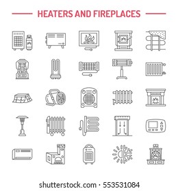 Caldeira de água, termostato, aquecedores solares a gás elétrico e outros ícones de linha de aparelhos de aquecimento doméstico. Pictograma linear fino. Sinais de loja de equipamentos.