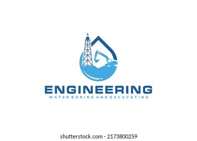 Water Boring Logo Design Excavator Machine Tower Pump Drip Water Logo Shape Engineering Industry Company