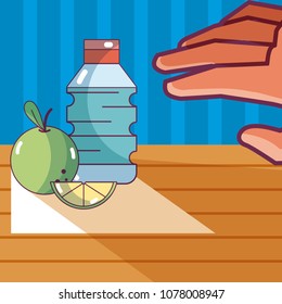 Water bottle and apple
