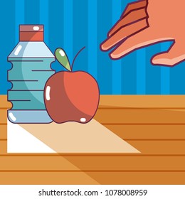 Water bottle and apple