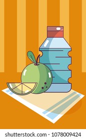 Water bottle and apple