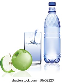 Water bottle and apple. All elements and textures are individual objects. Vector illustration scale to any size.