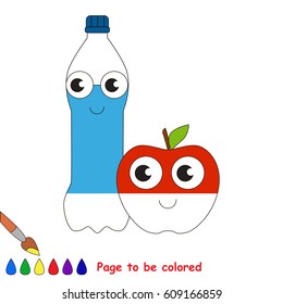 Water Bottle and Apple, the coloring book to educate preschool kids with easy gaming level, the kid educational game to color the colorless half by sample.