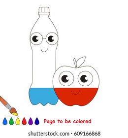 Water Bottle and Apple, the coloring book to educate preschool kids with easy gaming level, the kid educational game to color the colorless half by sample.