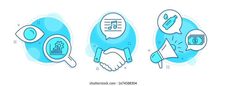 Water bottle, Banking and Seo graph line icons set. Handshake deal, research and promotion complex icons. Musical note sign. Still drink, Money payment, Analytics chart. Music. Business set. Vector
