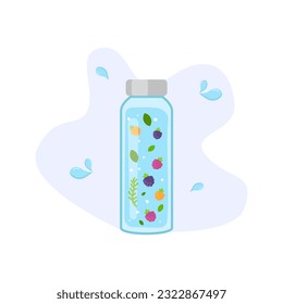 Water Bottle with berries and leaves. Refreshing summer drink. Isolated on white background.