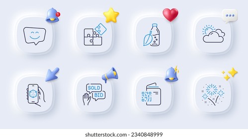 Water bottle, Bid offer and Qr code line icons. Buttons with 3d bell, chat speech, cursor. Pack of Fireworks, Puzzle, Sunny weather icon. 3d app, Smile face pictogram. For web app, printing. Vector