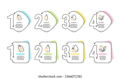 Water bottle, Bio tags and Water drop icons simple set. Leaves sign. Mint leaf drink, Leaf, Serum oil. Grow plant. Nature set. Infographic timeline. Line water bottle icon. 4 options or steps. Vector