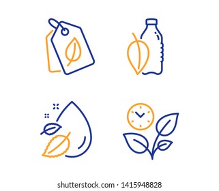 Water bottle, Bio tags and Water drop icons simple set. Leaves sign. Mint leaf drink, Leaf, Serum oil. Grow plant. Nature set. Linear water bottle icon. Colorful design set. Vector