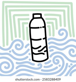 Water Bottle with blue and green doodle. Simple illustration. Hand drawn doodle for sticker, postcard, wallpaper, mural, fabric, prints, wall decor, clothing, etc