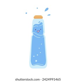 Water bottle character on isolated background. Vector illustration of an adorable water bottle with a cute face and dynamic splashes. Drinking water in a bottle.
