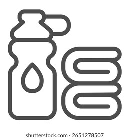 Garrafa de água e ícone de linha de toalha limpa, conceito de comida de dieta atleta. Gráficos vetoriais. Garrafa e toalhas frescas par sinal no fundo branco, ícone de estilo de contorno para design móvel ou web