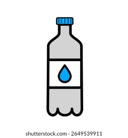 Water in bottle. Clear liquid, grocery store icon. Fight thirst and dehydration. Sticker for social networks and messengers. Cartoon flat vector illustration