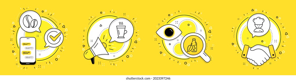 Botella de agua, frijoles de café e iconos de la línea de latte. Iconos de telefonía celular, megáfono y vectores de tráfico. Cartel del cocinero cocinero cocinero. Bebida de hoja de menta, frijol entero, tazón de vidrio de té. Sous-chef. Comida y bebida. Vector