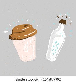 Water bottle and coffee to go cartoon illustration vector