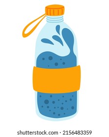 Water Bottle. Concept detox drink, drinking water in a thermos, glass bottle. Ice water. Refreshing summer drink. Healthy lifestyle daily habits, wellness, morning rituals. Vector illustration