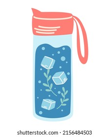 Water Bottle. Concept detox drink, drinking water in a thermos, glass bottle. Ice water. Refreshing summer drink. Healthy lifestyle daily habits, wellness, morning rituals. Vector illustration