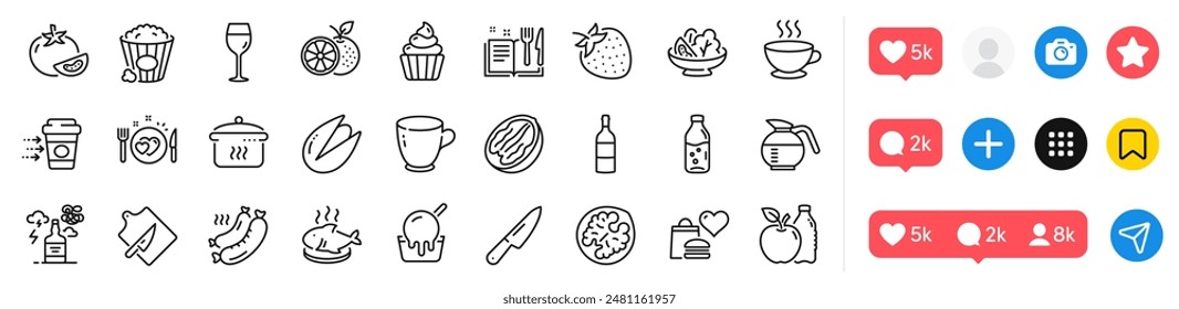 Water bottle, Cupcake and Romantic dinner line icons pack. Social media icons. Coffee delivery, Coffee cup, Ice cream web icon. Knife, Grilled sausage, Popcorn pictogram. Vector