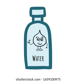 Water bottle design with a droplet character. Hand drawn comic illustration.