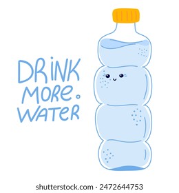 Water bottle. Drink more water. Smiling character on the concept of drinking a lot of water. Motivational quote. Text with hand drawn lettering. Health concept