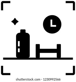 Water bottle with dumbbell and clock icon vector illustration in solid color design