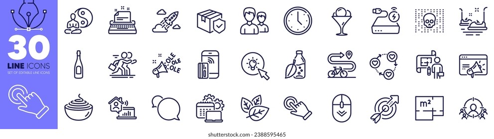 Water bottle, Energy and Pasta line icons pack. Yoga, Work home, Bike path web icon. Friends community, Organic tested, Parcel insurance pictogram. Startup rocket, Champagne. Vector