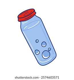 Water in bottle in flat design. Beverage with bubbles in glasses container. Vector illustration isolated.