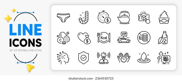 Water bottle, Fuel energy and Safe time line icons set for app include Calories, Vitamin c, Ice cream outline thin icon. Panties, Donation, Brand pictogram icon. No cash, Stress grows. Vector