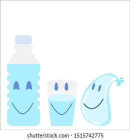 water bottle, glass with water and cartoon drop water, water cartoon concept on white background