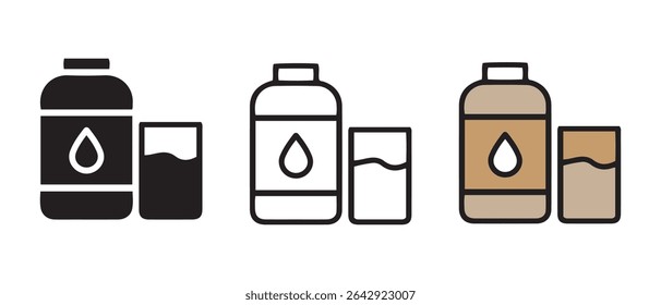 Water bottle and a glass different style icon set.