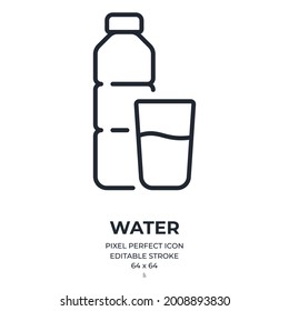 Water bottle and glass editable stroke outline icon isolated on white background flat vector illustration. Pixel perfect. 64 x 64.