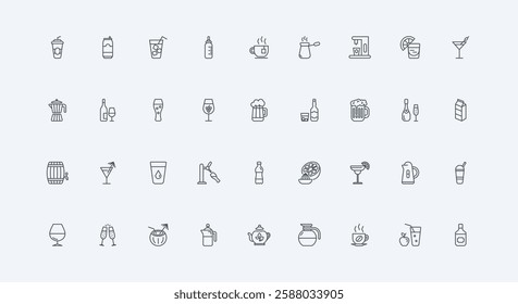 Water bottle and glass with ice cubes, wine and beer, coffee thin black outline symbols vector illustration. Hot and cold drinks for healthy lifestyle, alcohol bar menu for party line icon set