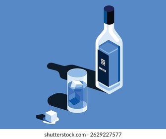 Water bottle glass and ice melting realistic illustration