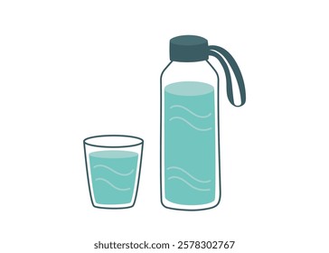 Water bottle and glass isolated on white. Concept of hydration, healthy lifestyle, and daily water intake. Vector hand drawn clipart.
