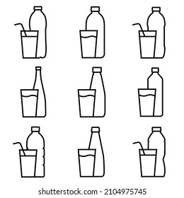 Water bottle and glass line icon, vector outline logo isolated on white background