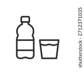 Water bottle with glass, linear icon. Hydration and drink serving. Line with editable stroke.