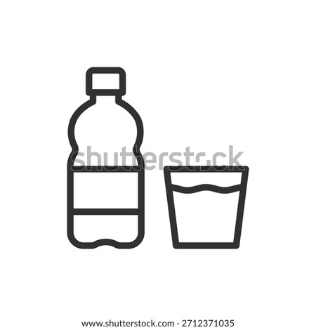 Water bottle with glass, linear icon. Hydration and drink serving. Line with editable stroke.